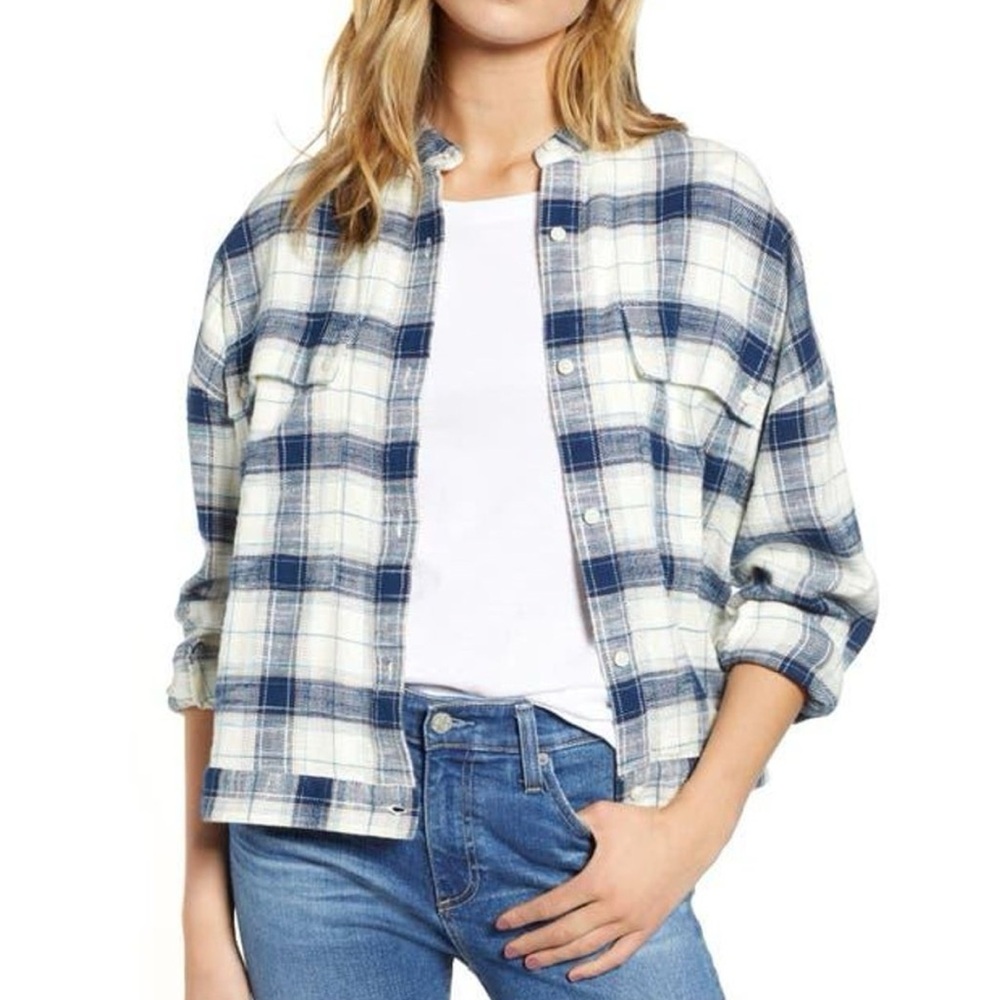 AG Adriano Goldschmied Smith Plaid Shirt Jacket Blue Shacket Flannel size Large